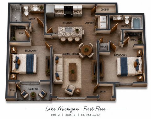 Floor plan for 2 beds, 2 baths, 1253 sqft